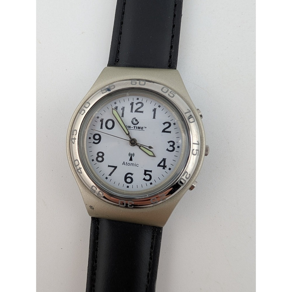 On-Time Atomic Radio Controlled Men's Watch 37mm Case Leather Band- New Battery